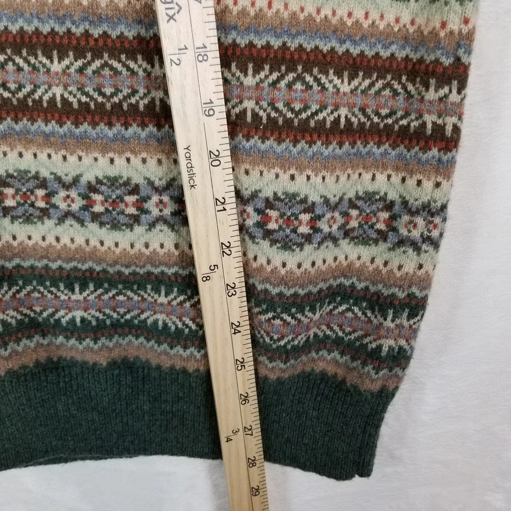 J. Crew Mens Fair Isle‎ Crewneck Sweater Green Brown Lambswool Blend Sz M